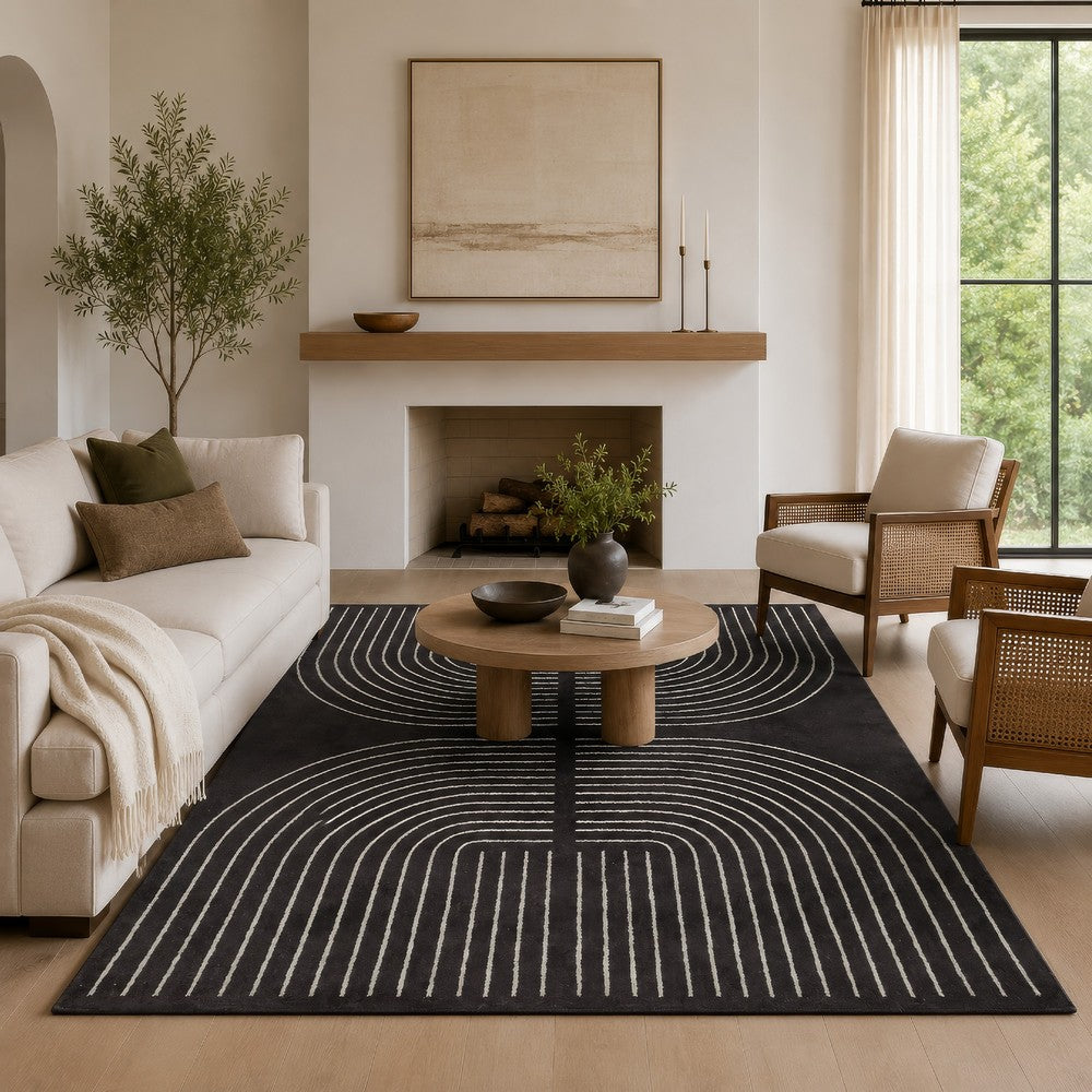Edon Large Area Rug with Ivory Geometric Statement Design | Black Wool 8x10
