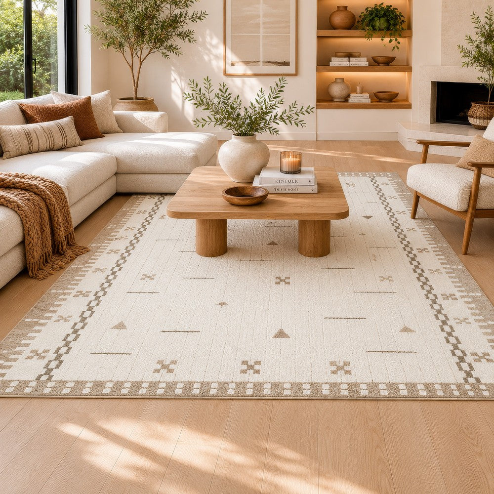 Dotty Hand-Tufted Large Area Rug | Bordered and Geometric Design | Cream Wool 8x10
