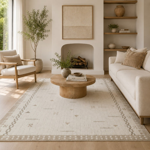 Dotty Hand-Tufted Large Area Rug | Bordered and Geometric Design | Cream Wool 8x10