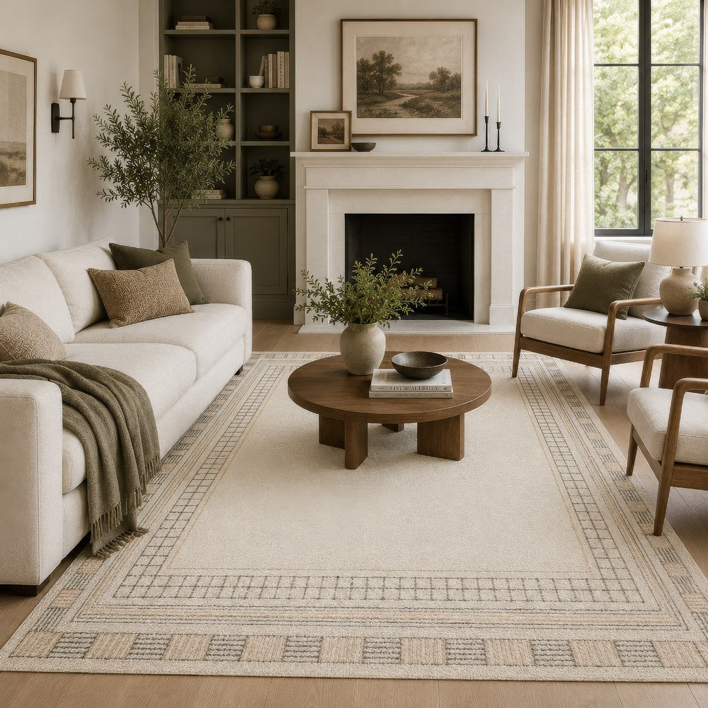 Teena Hand-Tufted Large Area Rug with Bordered Design | Ivory-Tan Wool 8x10
