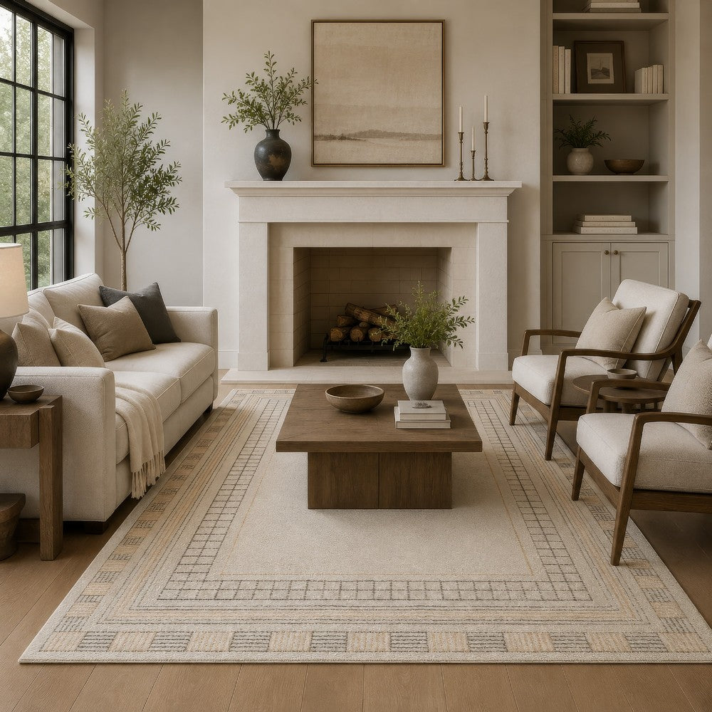 Adam Large Rug with Border Design | Jute and Wool | Brown-Taupe 8x10