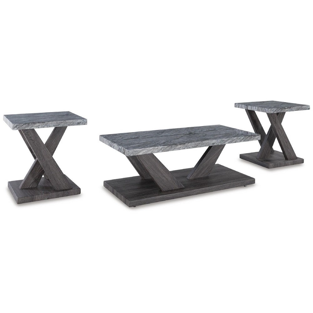 Brenda 3Pc Coffee Table Set with Casters | Faux Marble Top | Gray Wood
