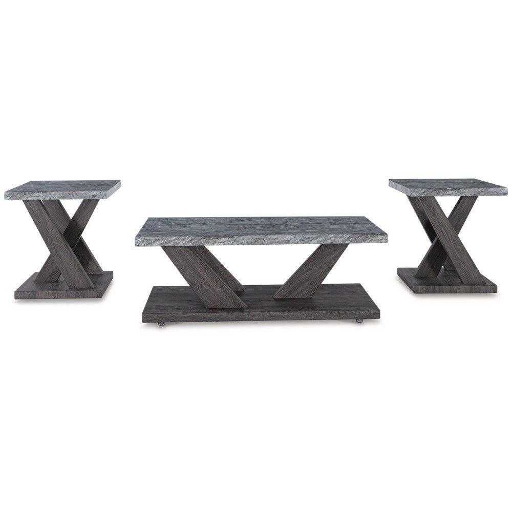 Brenda 3Pc Coffee Table Set with Casters | Faux Marble Top | Gray Wood