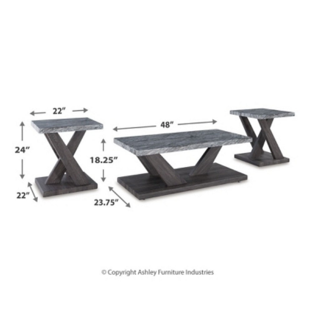 Brenda 3Pc Coffee Table Set with Casters | Faux Marble Top | Gray Wood