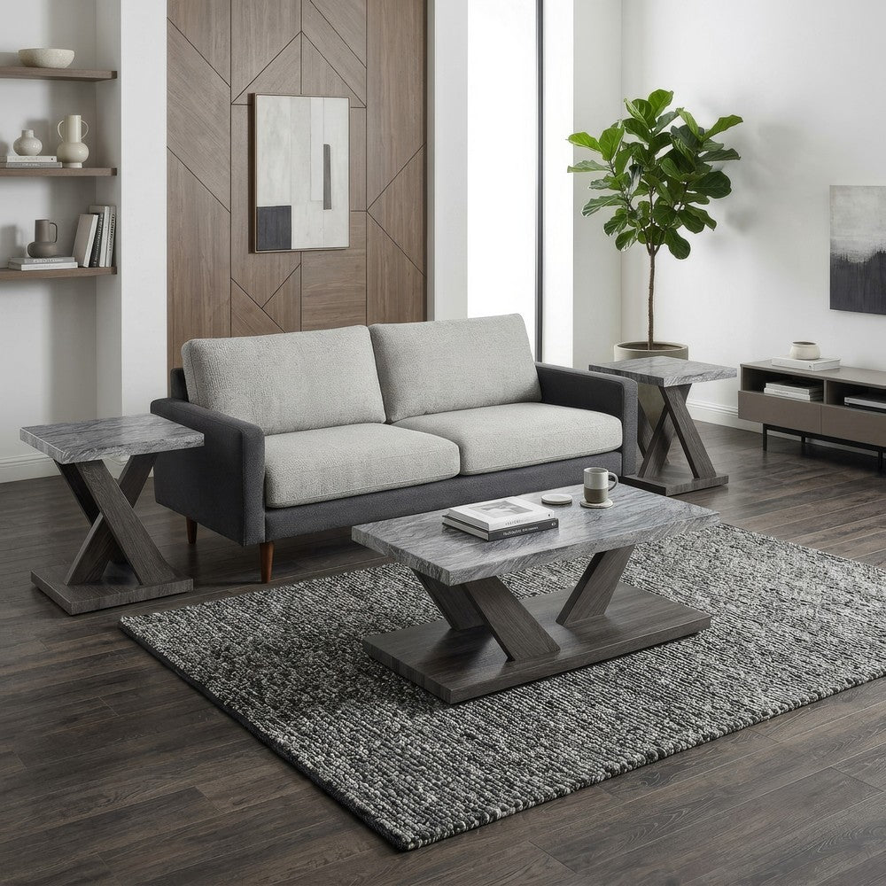 Brenda 3Pc Coffee Table Set with Casters | Faux Marble Top | Gray Wood