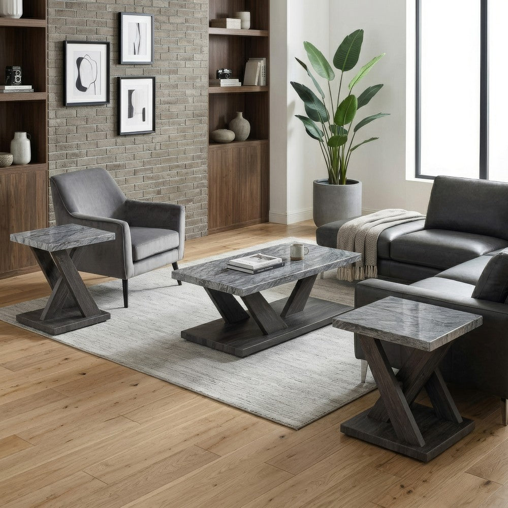 Brenda 3Pc Coffee Table Set with Casters | Faux Marble Top | Gray Wood