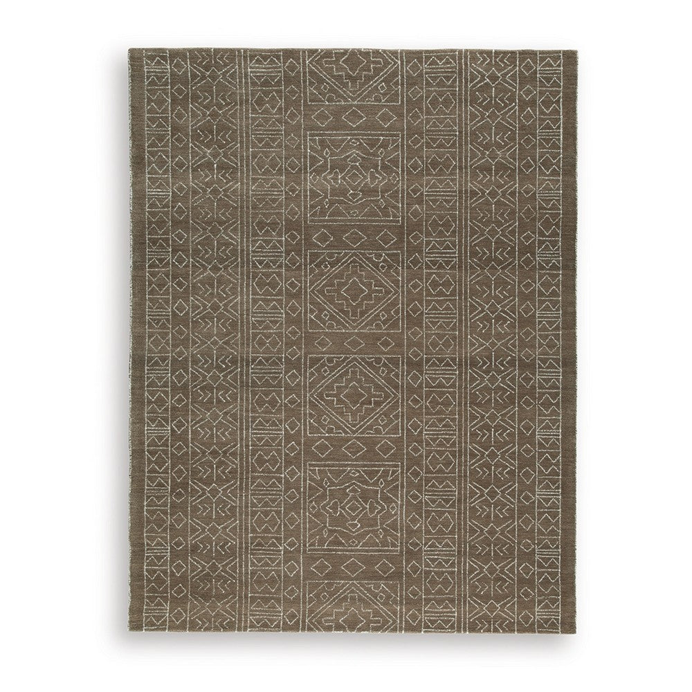 Amina Large Area Rug with Aztec-Inspired Pattern | Brown-Ivory Wool 8x10