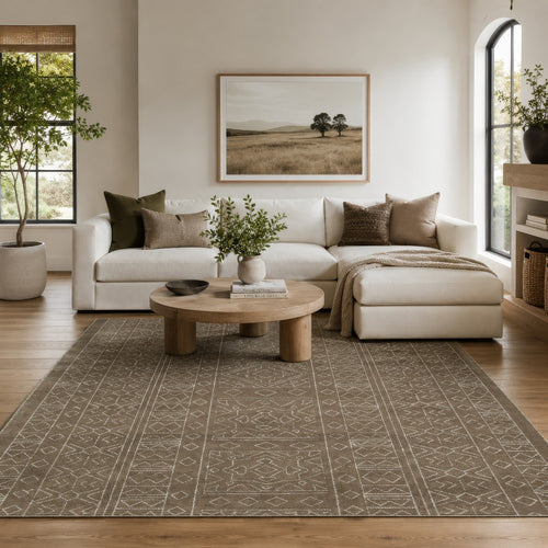 Amina Large Area Rug with Aztec-Inspired Pattern | Brown-Ivory Wool 8x10