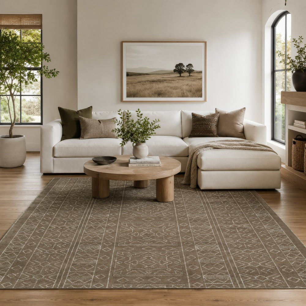 Amina Large Area Rug with Aztec-Inspired Pattern | Brown-Ivory Wool 8x10