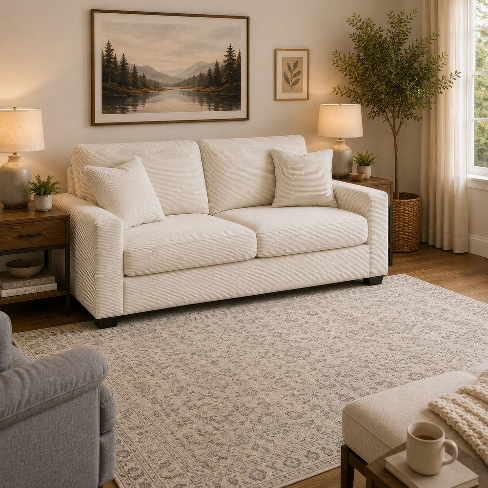 Gesi Sofa with Track Arms and Accent Pillows | Ivory Corded Polyester 85"