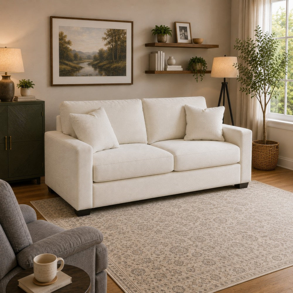 Gesi Sofa with Track Arms and Accent Pillows | Ivory Corded Polyester 85"