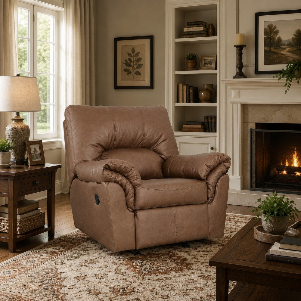 Lalie Manual Rocker Recliner  Chair | Jumbo-Stitching | Caramel Faux Leather