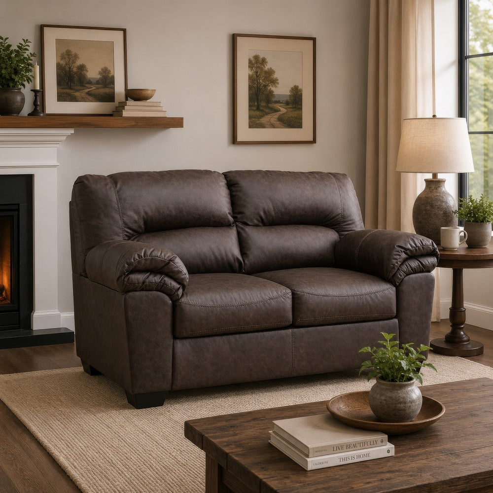 Lalie Loveseat | Corner Block Frame | Umber Jumbo-Stitch Faux Leather 66"