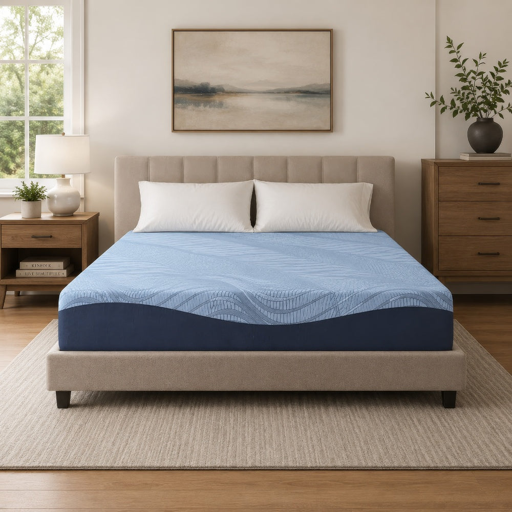 Pmy Full Mattress with Memory Foam | Firm Support | Light Blue Fabric 12"