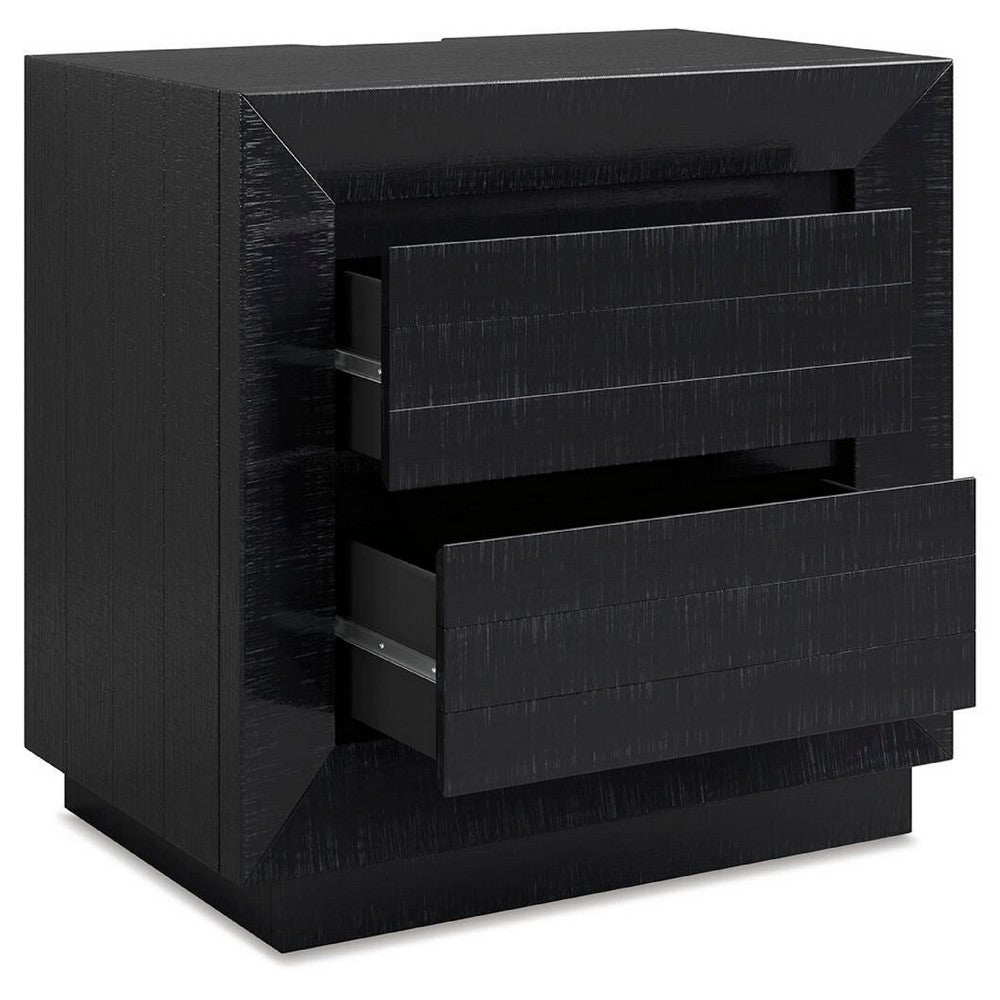 Deri Nightstand with USB Ports and Dual Drawers | Black Wood 27"