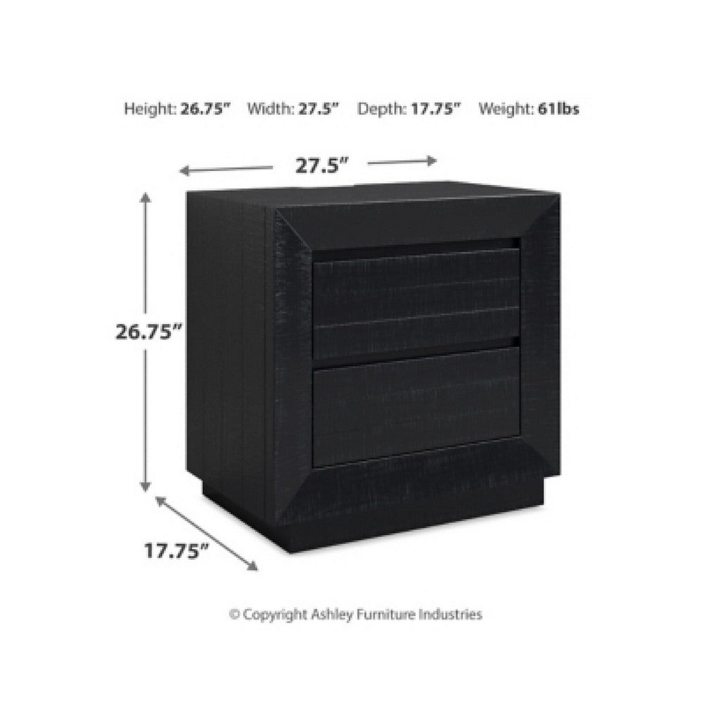 Deri Nightstand with USB Ports and Dual Drawers | Black Wood 27"
