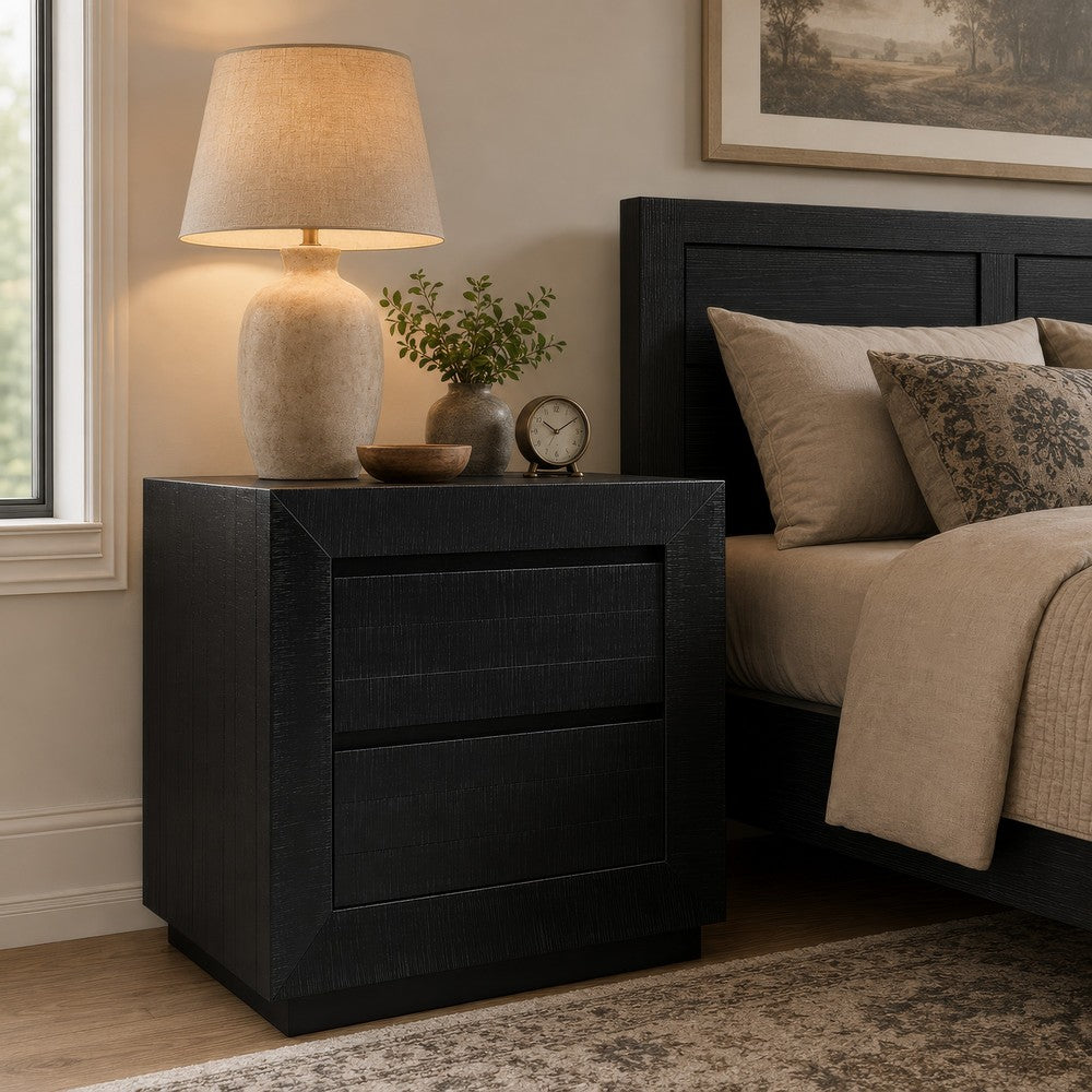 Deri Nightstand with USB Ports and Dual Drawers | Black Wood 27"