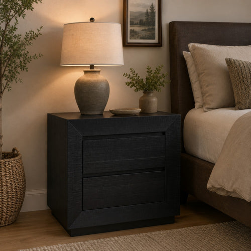 Deri Nightstand with USB Ports and Dual Drawers | Black Wood 27"