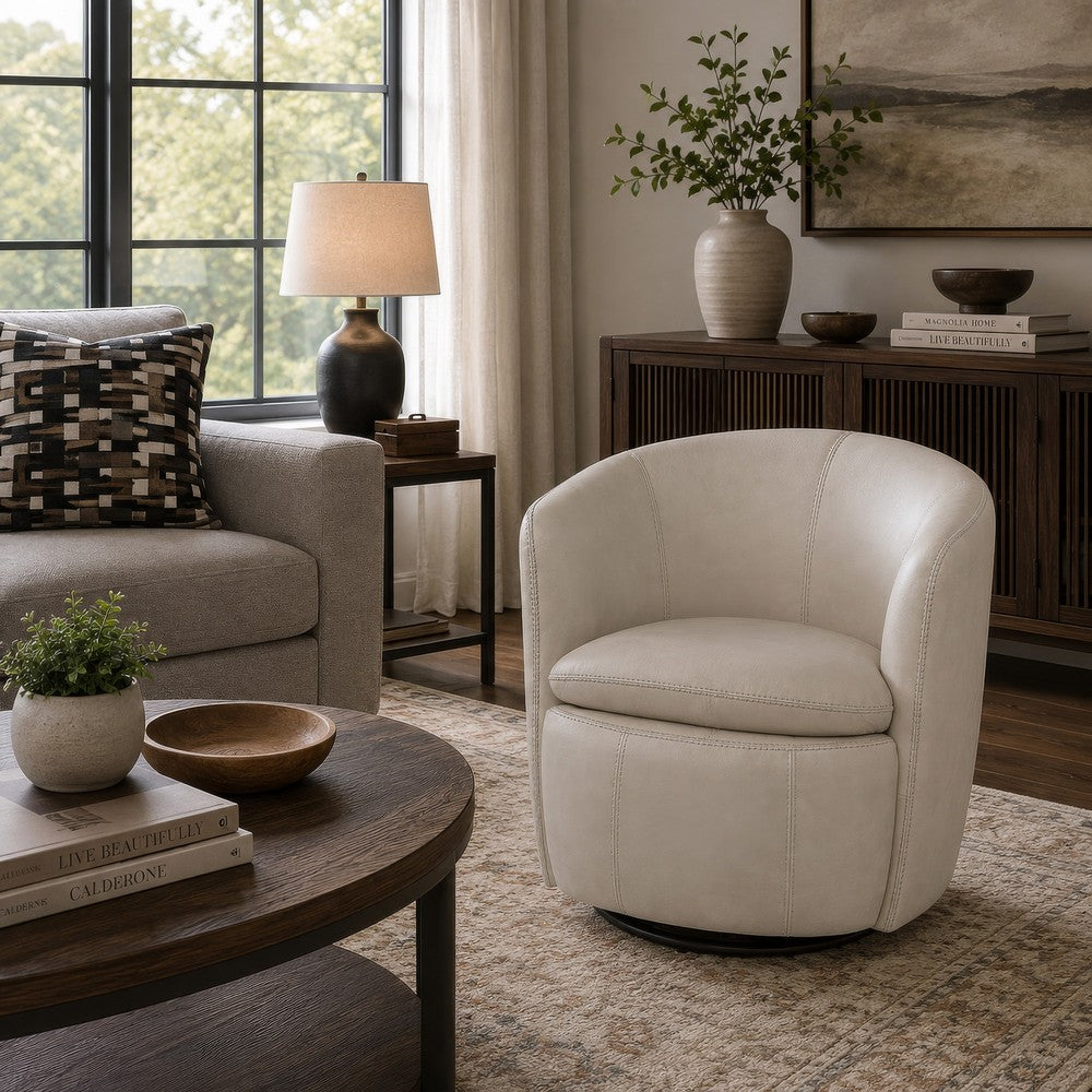 Niko Swivel Accent Chair with Barrel Back Design | Bone-White Leather