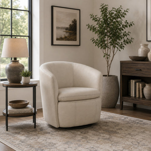 Niko Swivel Accent Chair with Barrel Back Design | Bone-White Leather