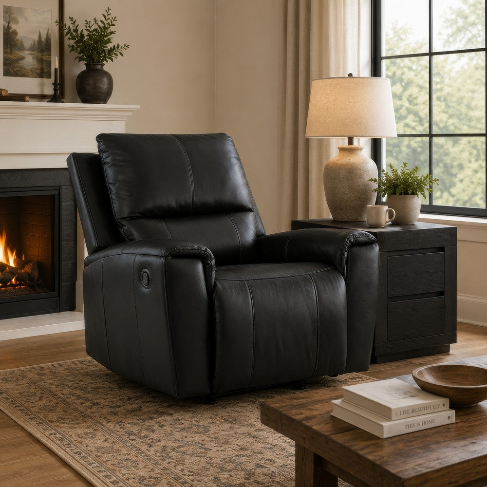 Larry Rocker Recliner Chair with Pillow Top Arms, Black Top Grain Leather