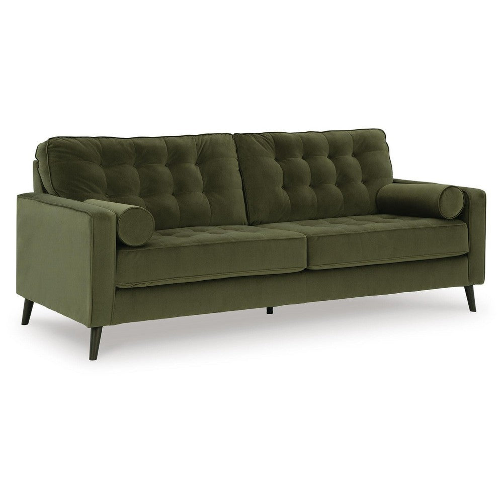 Pir Sofa with 2 Bolster Pillows, Tufted Back, Olive Green Velvet, 87"