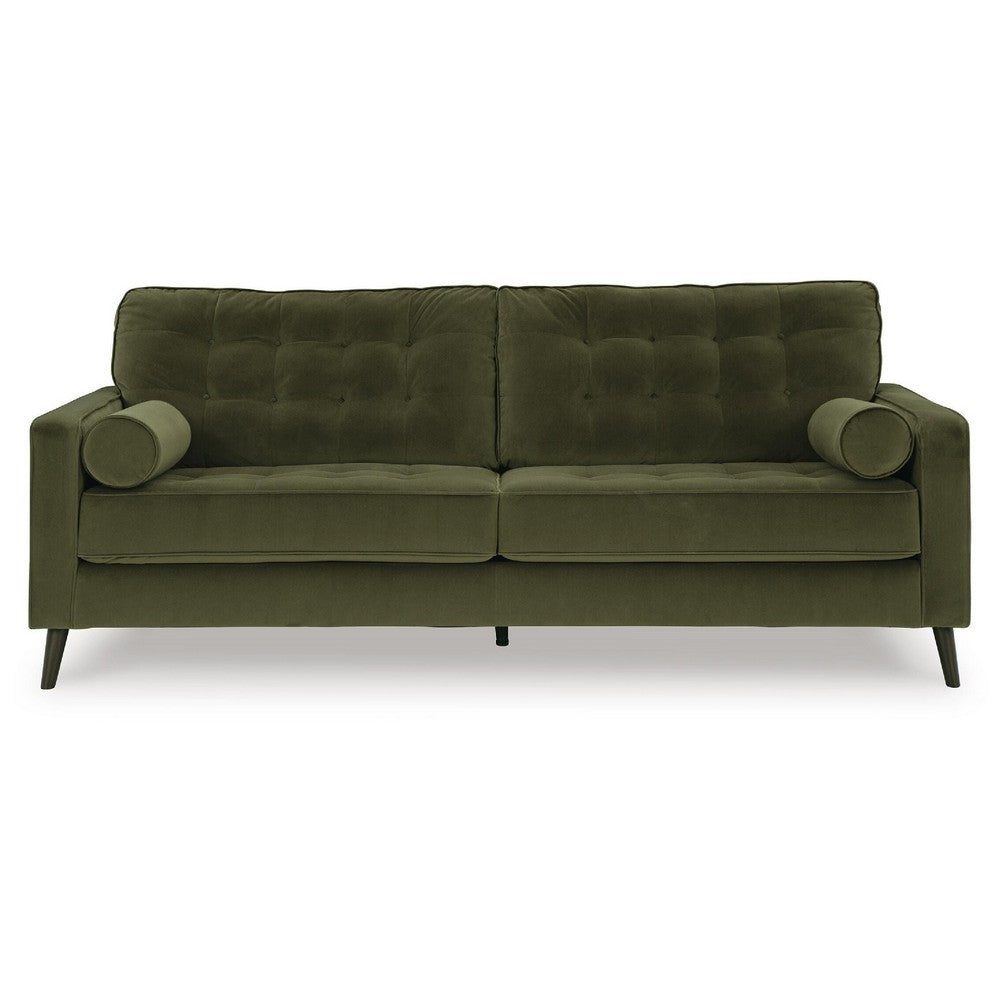 Pir Sofa with 2 Bolster Pillows, Tufted Back, Olive Green Velvet, 87"