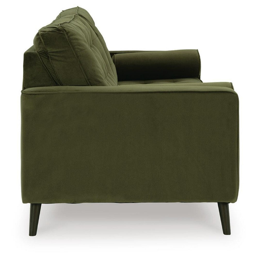 Pir Sofa with 2 Bolster Pillows, Tufted Back, Olive Green Velvet, 87"