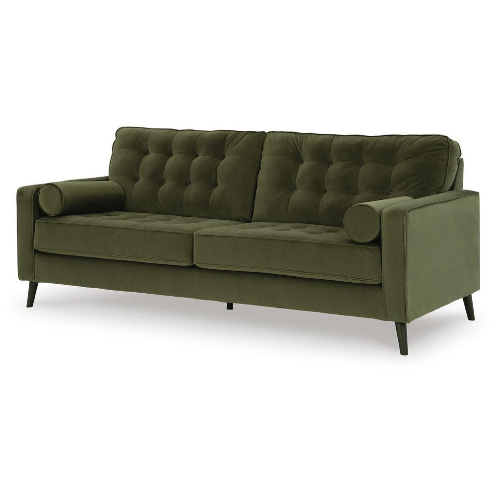 Pir Sofa with 2 Bolster Pillows, Tufted Back, Olive Green Velvet, 87"