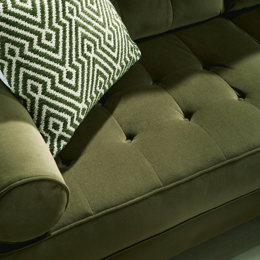 Pir Sofa with 2 Bolster Pillows, Tufted Back, Olive Green Velvet, 87"