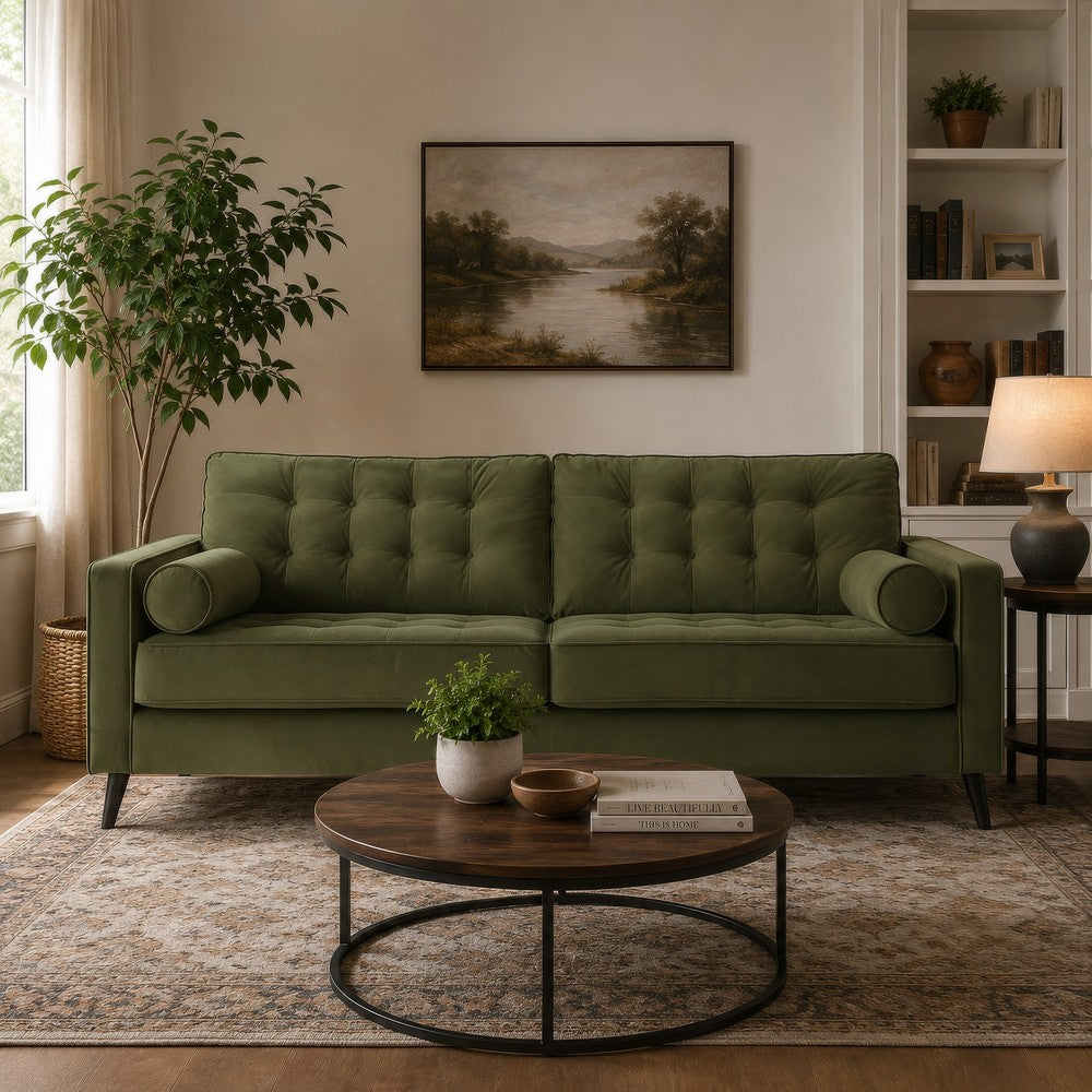 Pir Sofa with 2 Bolster Pillows, Tufted Back, Olive Green Velvet, 87"