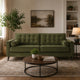 Pir Sofa with 2 Bolster Pillows, Tufted Back, Olive Green Velvet, 87"
