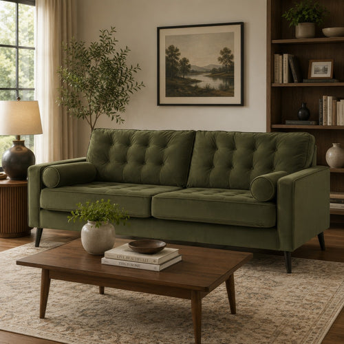 Pir Sofa with 2 Bolster Pillows, Tufted Back, Olive Green Velvet, 87"