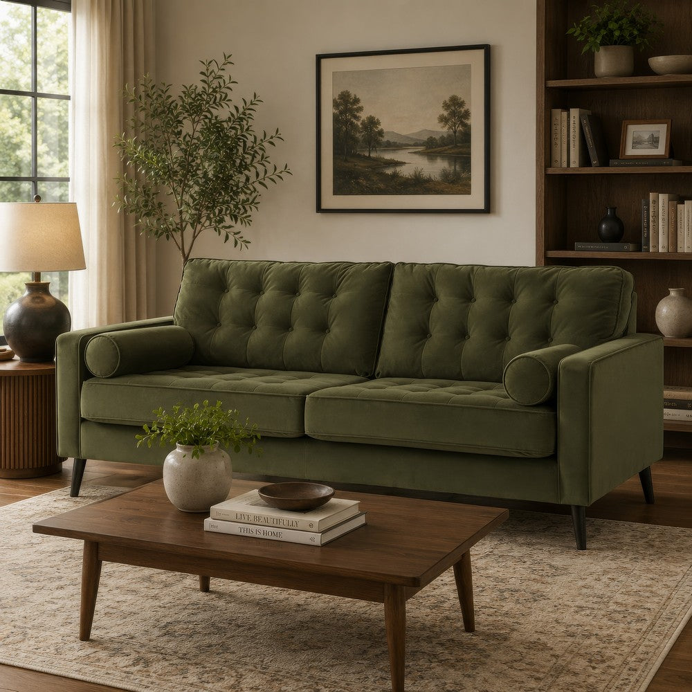 Pir Sofa with 2 Bolster Pillows, Tufted Back, Olive Green Velvet, 87"