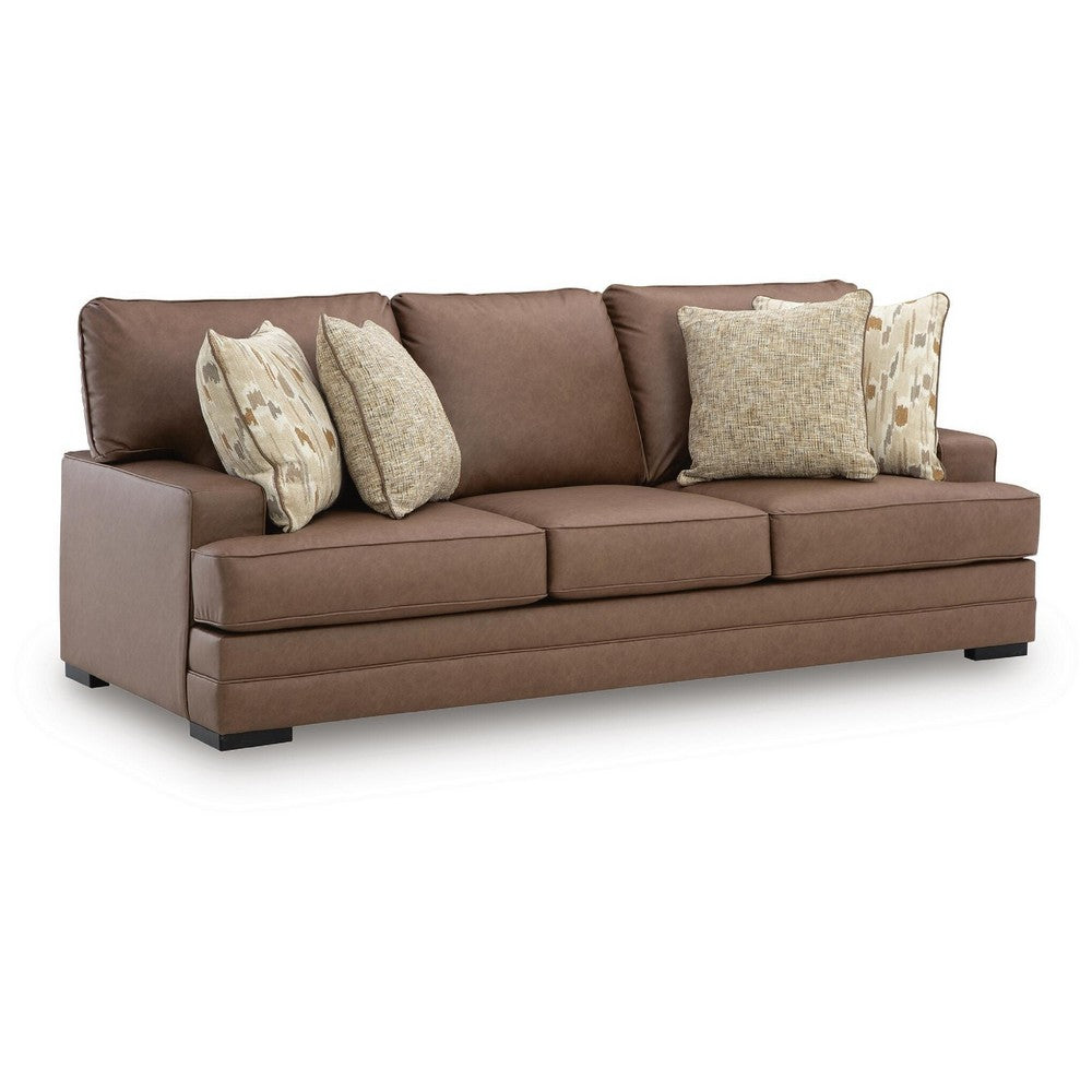 Vile Sofa with 4 Throw Pillows, Caramel Brown Faux Leather, 93"