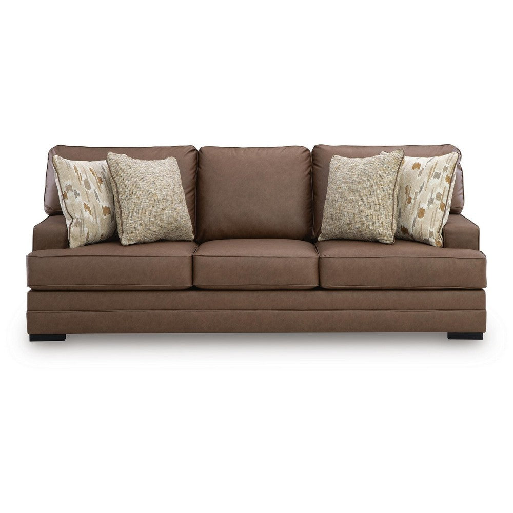 Vile Sofa with 4 Throw Pillows, Caramel Brown Faux Leather, 93"