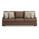 Vile Sofa with 4 Throw Pillows, Caramel Brown Faux Leather, 93"