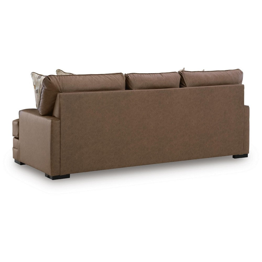 Vile Sofa with 4 Throw Pillows, Caramel Brown Faux Leather, 93"