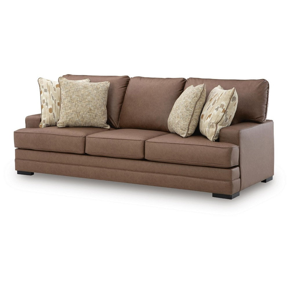 Vile Sofa with 4 Throw Pillows, Caramel Brown Faux Leather, 93"