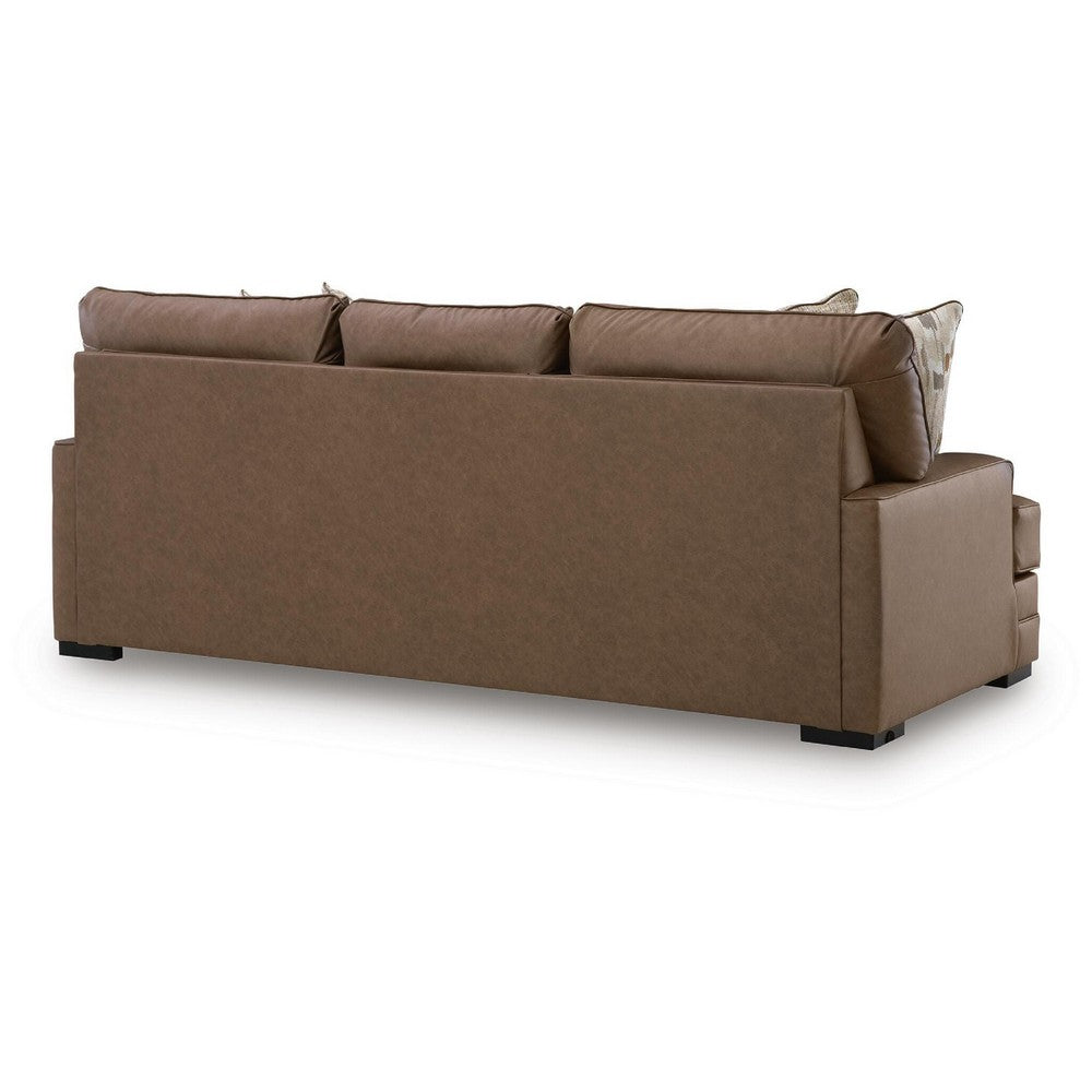 Vile Sofa with 4 Throw Pillows, Caramel Brown Faux Leather, 93"