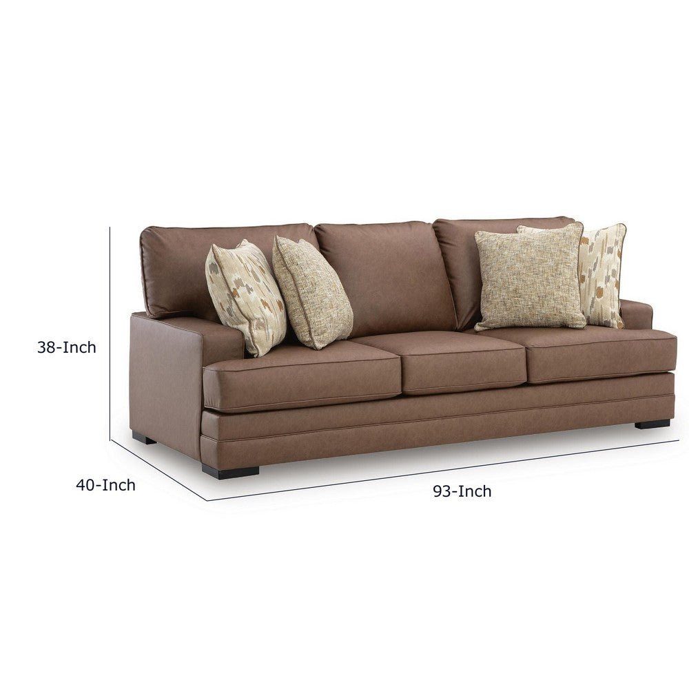 Vile Sofa with 4 Throw Pillows, Caramel Brown Faux Leather, 93"