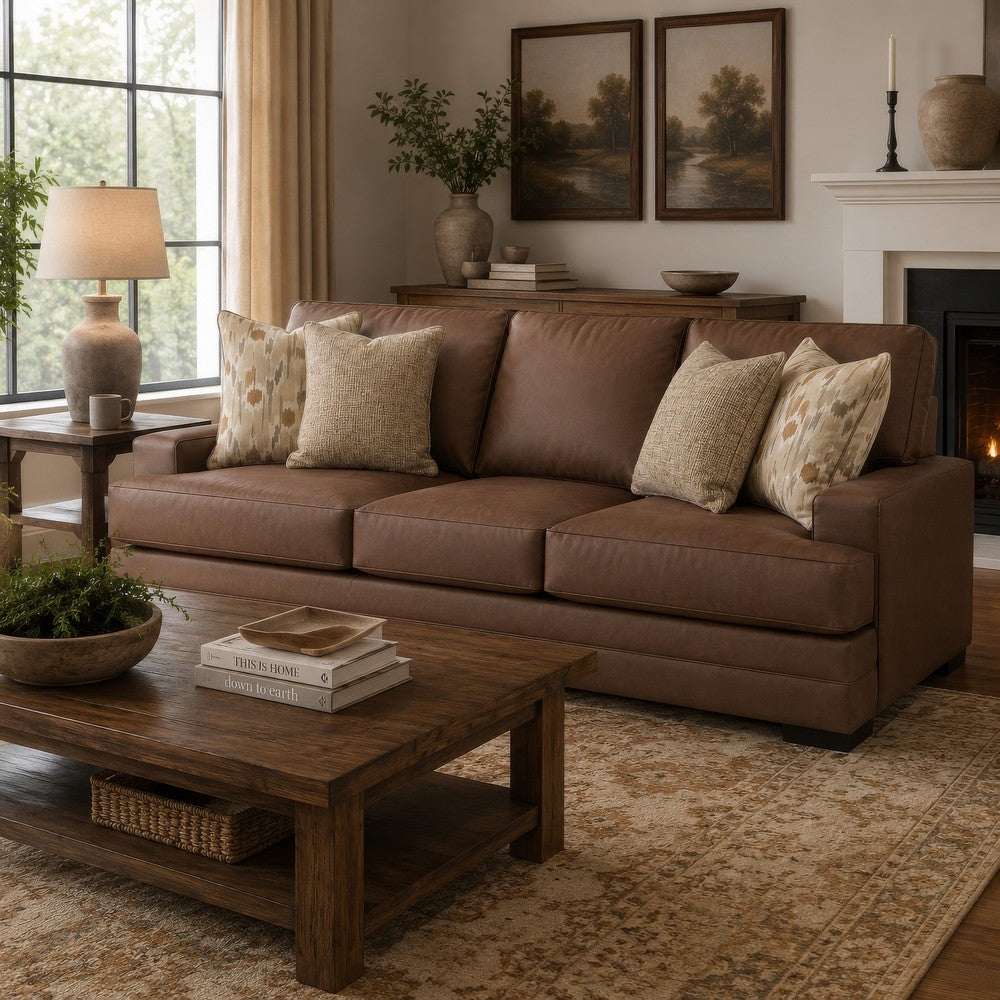 Vile Sofa with 4 Throw Pillows, Caramel Brown Faux Leather, 93"