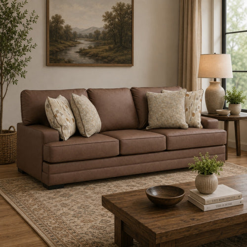 Vile Sofa with 4 Throw Pillows, Caramel Brown Faux Leather, 93"