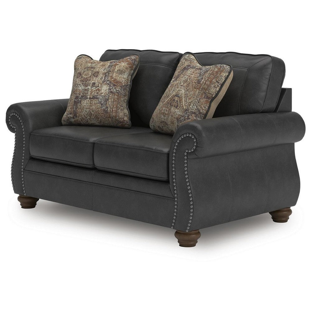 Cyrus Loveseat with 2 Throw Pillows, Granite Gray Faux Leather, 68"