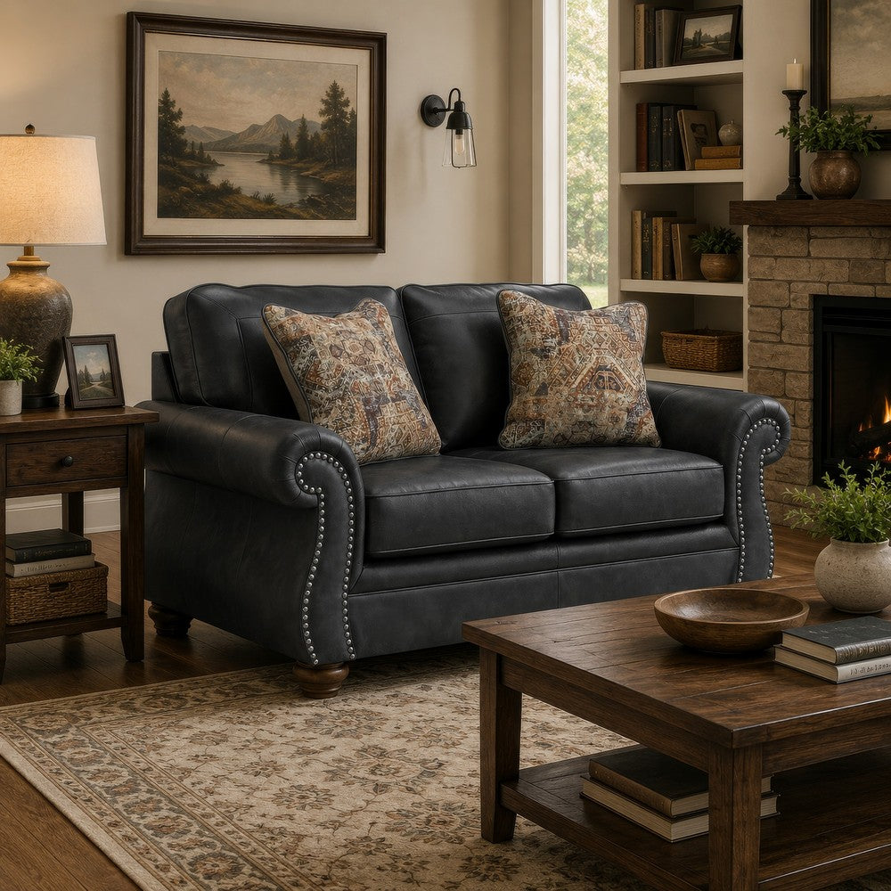 Cyrus Loveseat with 2 Throw Pillows, Granite Gray Faux Leather, 68"