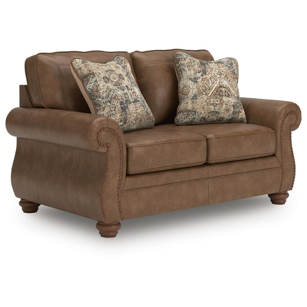Cyrus Loveseat with 2 Throw Pillows, Earthy Brown Faux Leather, 68"