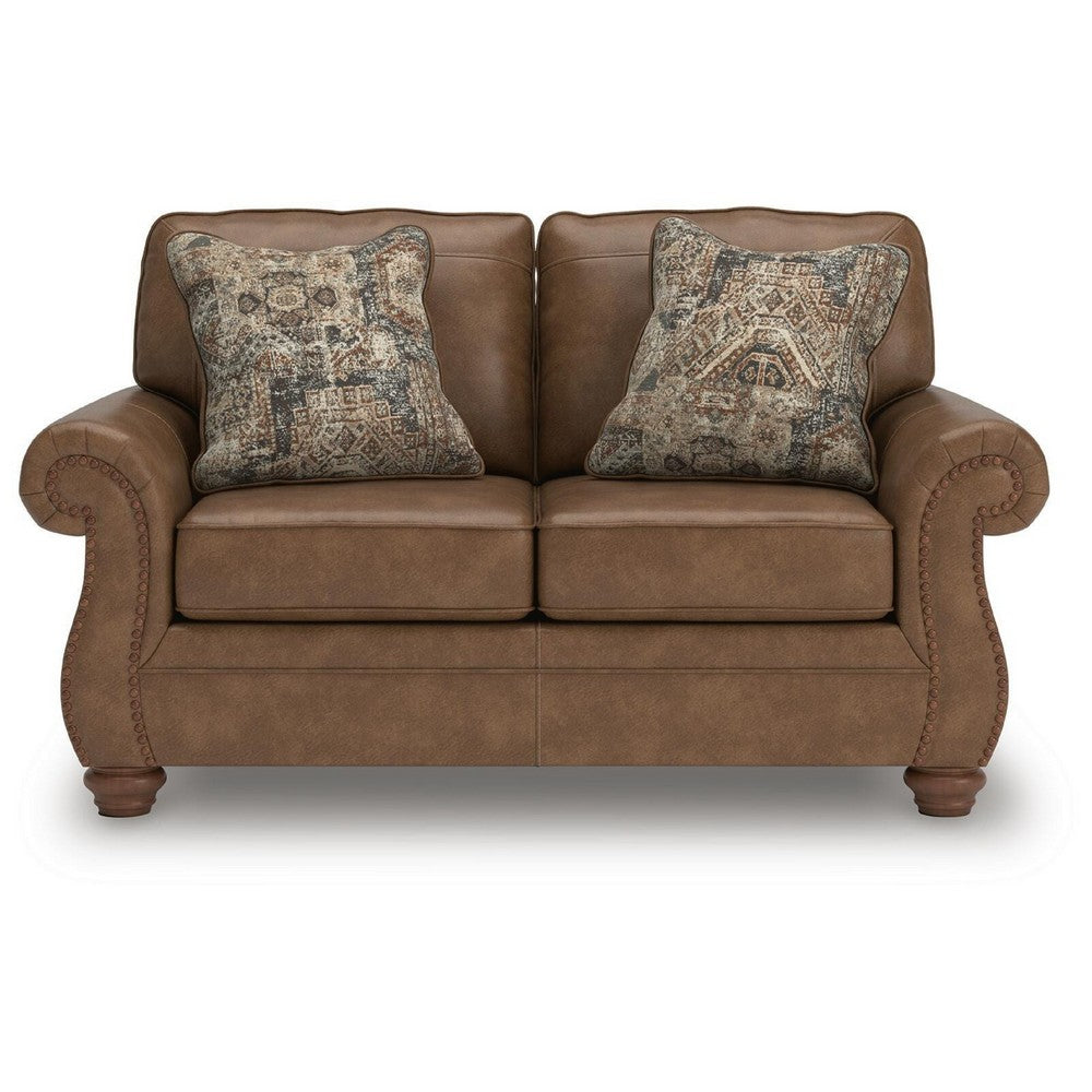 Cyrus Loveseat with 2 Throw Pillows, Earthy Brown Faux Leather, 68"