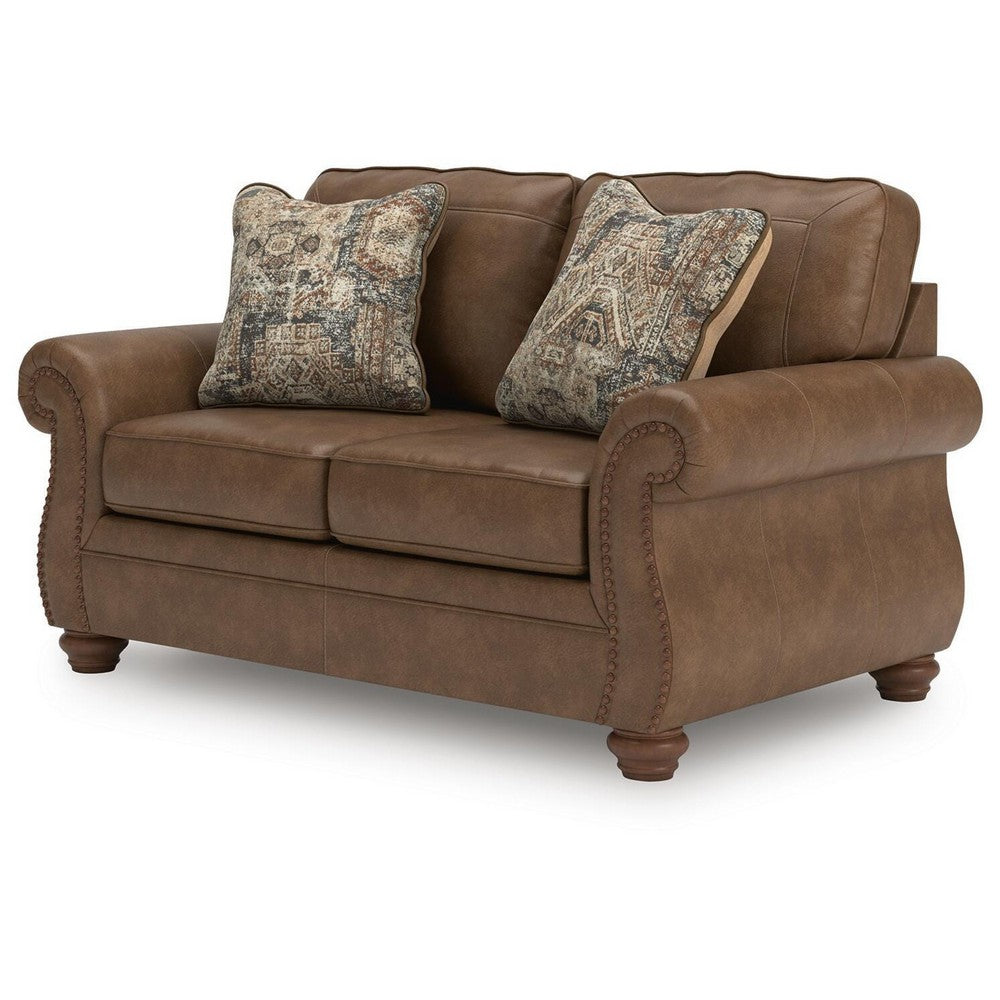 Cyrus Loveseat with 2 Throw Pillows, Earthy Brown Faux Leather, 68"
