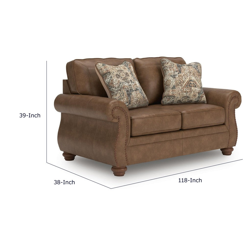 Cyrus Loveseat with 2 Throw Pillows, Earthy Brown Faux Leather, 68"