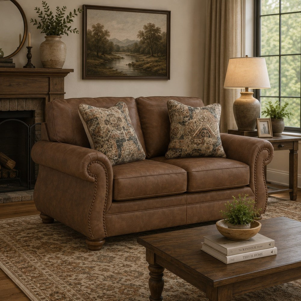 Cyrus Loveseat with 2 Throw Pillows, Earthy Brown Faux Leather, 68"